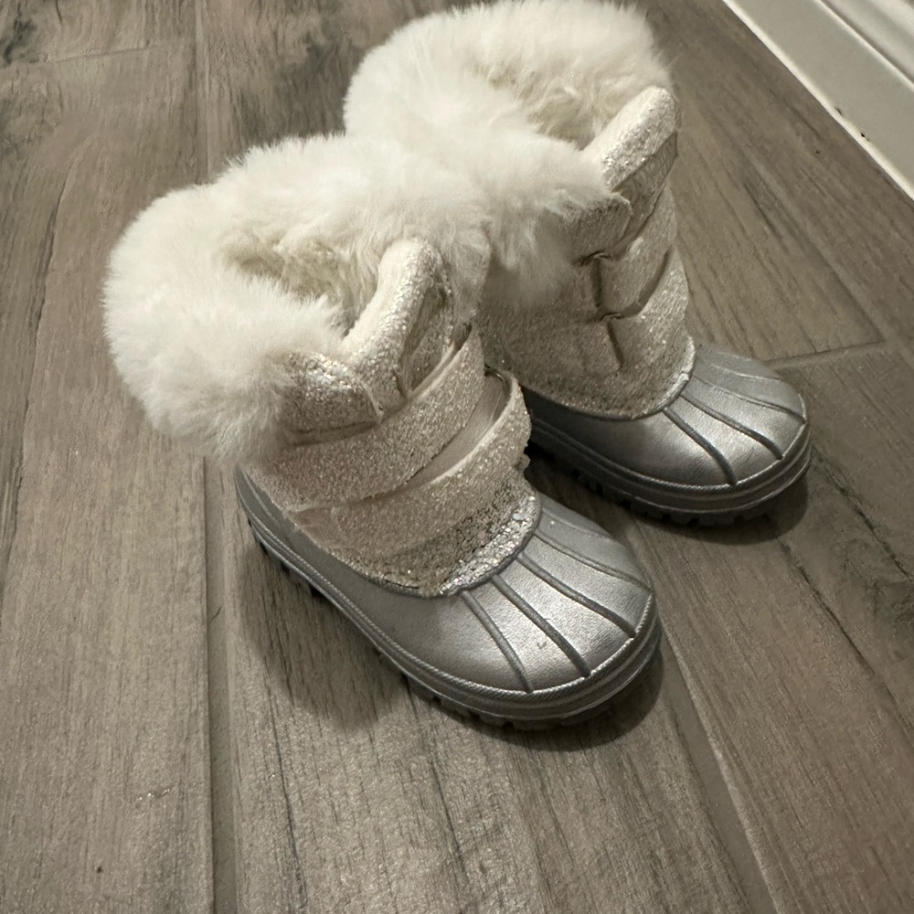 Silver and White Fur-Lined Winter Boots